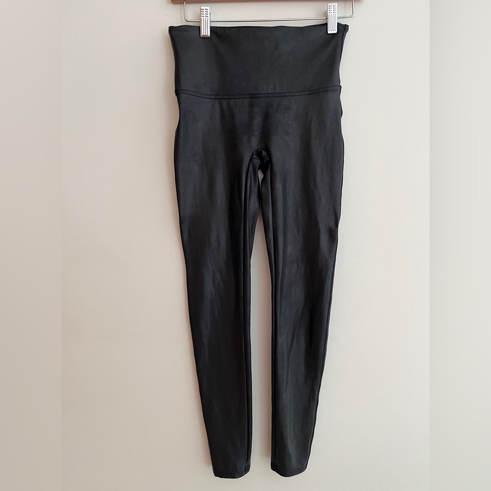 SPANX Black Faux Leather Leggings Power Waistband Smoothing Shaping Moto Edgy